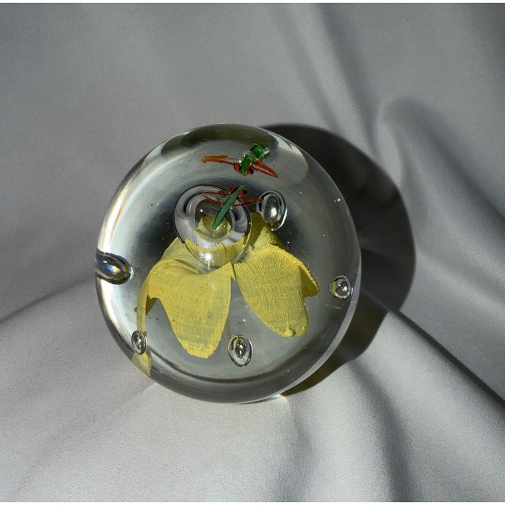 Vintage Art Glass Paperweight Yellow Flower Bugs Air Bubbles Decorative